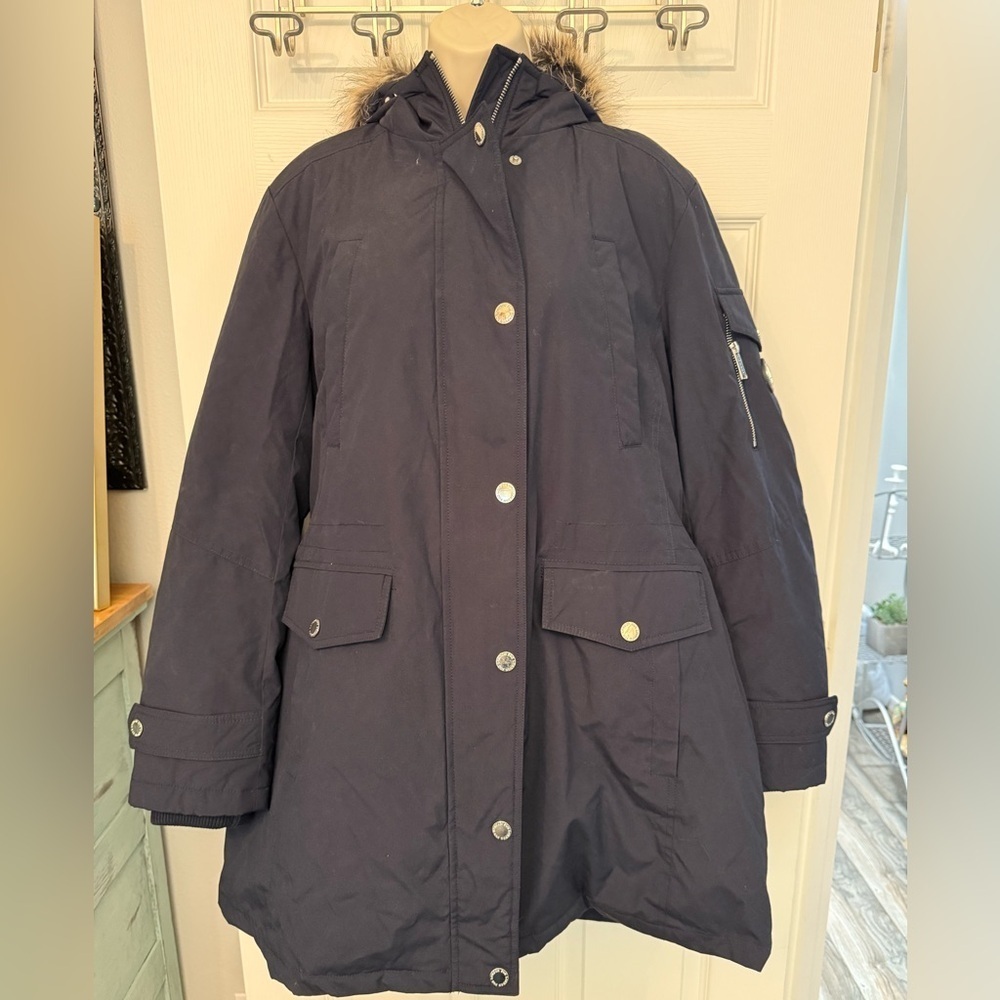 Women’s Navy Blue XL London Fog Puffer Jacket Coat Removable Hood - Picture 8 of 10